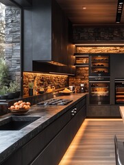 Modern kitchen interior with dark cabinets countertops and warm lighting.