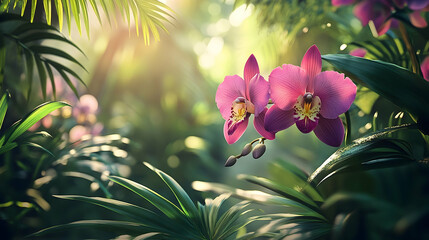 Fototapeta na wymiar Radiant orchids bloom amidst lush tropical foliage.