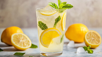 Fototapeta premium Refreshing Lemonade A Zesty Summer Drink with Vibrant Citrus and Mint