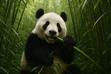 Obraz premium A panda bear eating bamboo in a bamboo forest with green foliage in the background looking at the camera