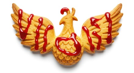 Naklejka premium A mythical phoenix-shaped pastry with fiery cherry glaze
