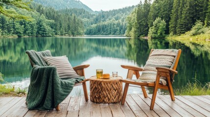 Fototapeta premium Tranquil lakeside seating area, perfect for relaxation.