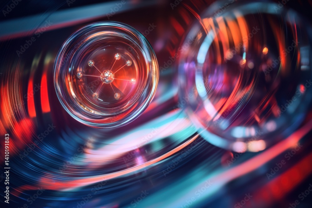 Poster abstract colorful design featuring spherical shapes and dynamic light patterns