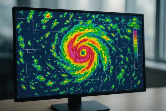 Computer screen displaying colorful weather radar with hurricane spiral pattern