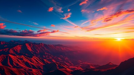 a sunset over a mountain range, with vibrant colors