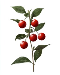 a wild cherry clipart, forest fruit, small red with stem, stylized vector, isolated on white background