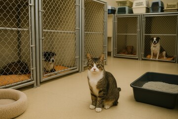 Cat in animal shelter with dogs kennels