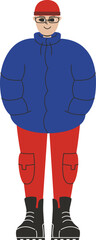 Young man stands in blue puffer jacket. Male character in linear flat style.