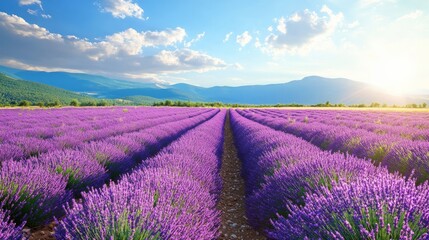 Stunning purple lavender field in provence at sunrise, creating a picturesque landscape with a mountain range in the background	
