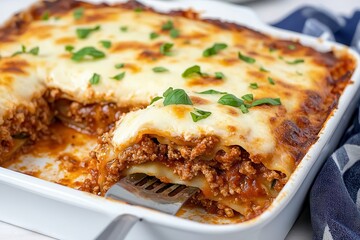 Lasagna fresh basil pasta sheets Delicious lasagna topped with melted cheese and fresh herbs.