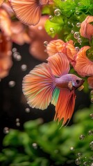 Breathtaking Siamese Fighting Fish Glides Effortlessly Through Blooms of Vibrant Aquatic Plants, Creating a Stunning Underwater Scene