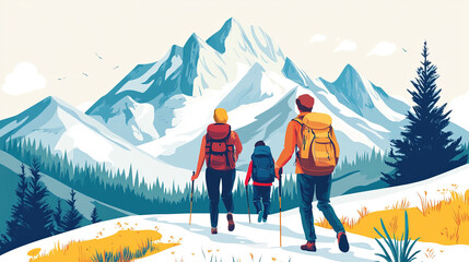 Hiking adventure family exploring mountain landscape with backpacks vector illustration
