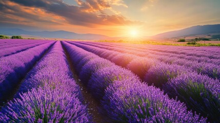 Obraz premium Stunning purple lavender field in provence at sunrise, creating a picturesque landscape with a mountain range in the background 