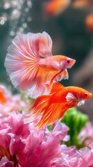 Fototapeta premium Vibrant Siamese Fighting Fish Swimming Amid Colorful Aquatic Plants in a Serene Underwater Environment