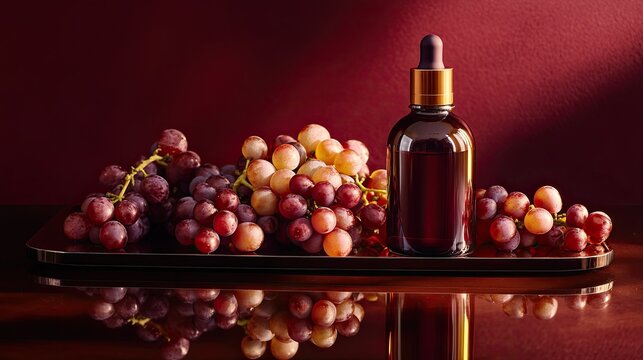 Luscious grape seed oil, a rich amber elixir nestled amongst plump, juicy red and green grapes, bathed in warm, dramatic light.