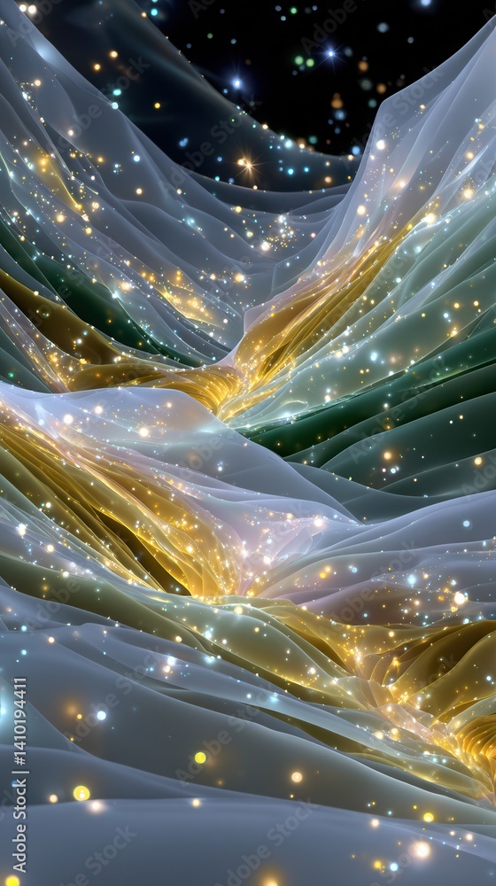 Poster digital artwork of draped silk fabric mimicking natural flow with sparkling features in a dreamlike 