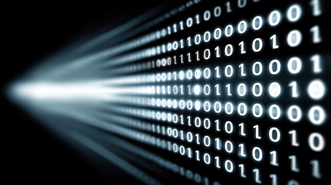 Binary code flow, visualization of digital data stream in modern technology