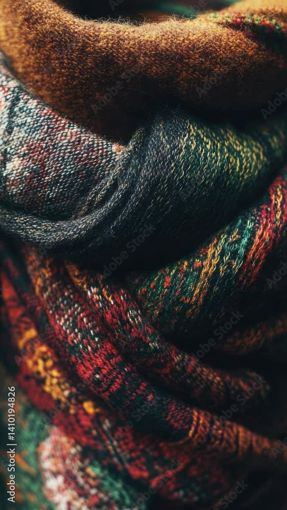 Poster Close-up shot of a colorful scarf with intricate patterns and textures.