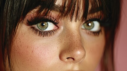 Fototapeta premium Close-up of a woman's face showing eye makeup, freckles, and dark bangs