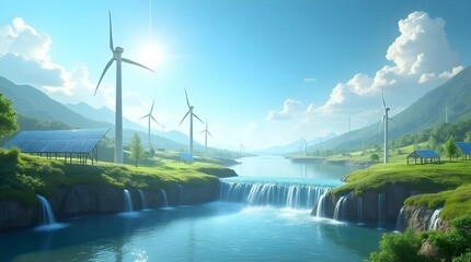 A vibrant landscape showcases wind turbines and solar panels harmoniously integrated with waterfalls and a river