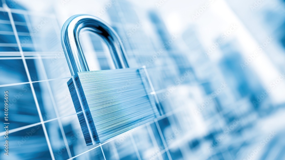 Poster padlock on a blue background, visual representation of security and data protection