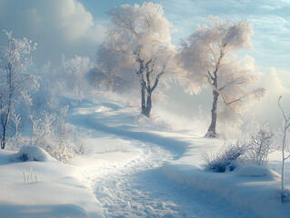 Winter Wonderland: A serene winter landscape unfolds, with snow-covered trees and a path leading through a dreamy, frosted scene under a soft, overcast sky.