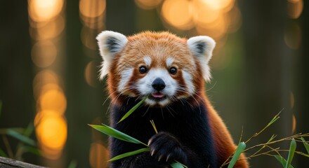 Fototapeta premium Adorable Red Panda Eating Bamboo - Close-up of a red panda enjoying a tasty bamboo snack in a softly lit forest setting
