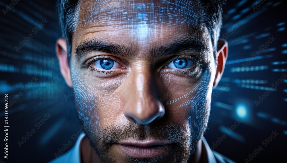 Poster a man's face with futuristic digital elements, portraying artificial intelligence and advanced techn