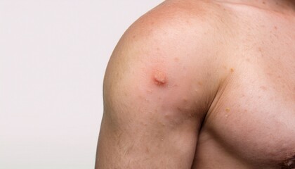 Close-up of an injured shoulder, depicting a wound. The image highlights the intricacies of the skin's texture and the presence of a blemish