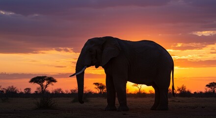 Fototapeta premium African Elephant Sunset Silhouette - Majestic elephant silhouetted against a vibrant sunset, symbolizing peace, wilderness, strength, beauty, and the circle of life