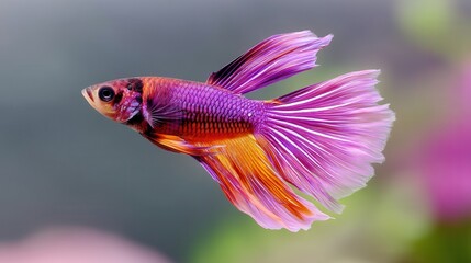 Fototapeta premium Solitary Siamese Fighting Fish Drifts Gracefully Through a Calm Aquarium Setting, Showcasing Vibrant Purple and Orange Colors