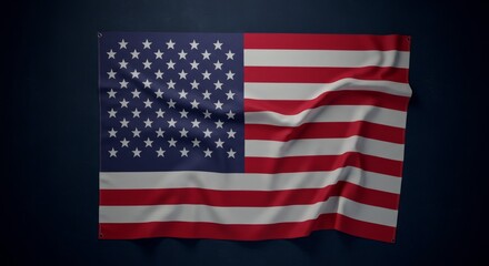 Obraz premium American Flag Fabric Drape Dark Navy Background - Patriotic symbol, national pride, American identity, freedom, unity. A crumpled American flag on a dark navy background