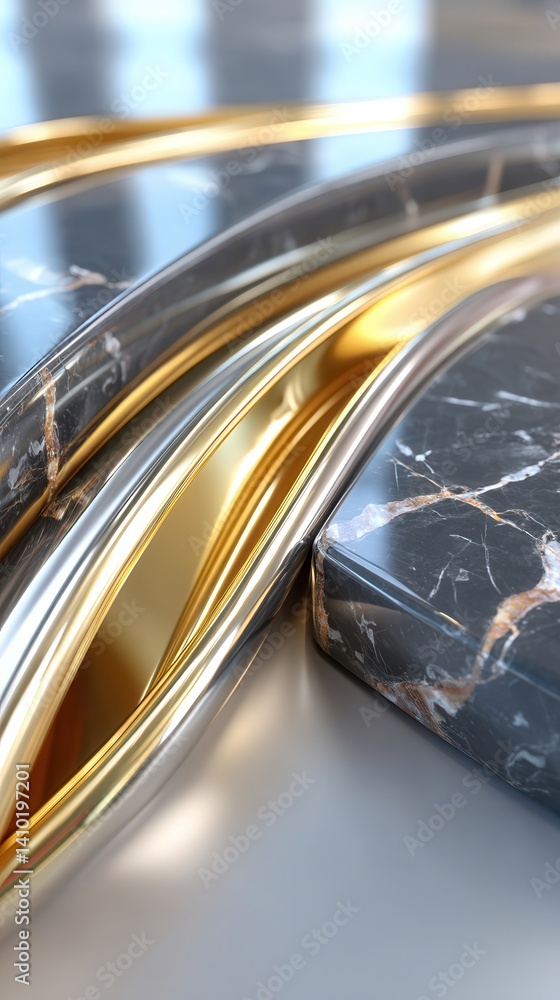 Poster minimalist abstract art composition featuring elegant curved metallic and marble elements in contemp