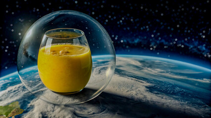 Mango Juice Inside a Transparent Glassy Orb Floating Above a Planet's Surface