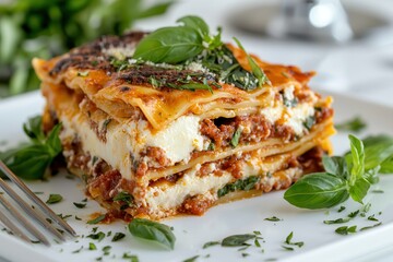 Lasagna fresh basil pasta sheets Delicious lasagna served with fresh herbs on a white plate.