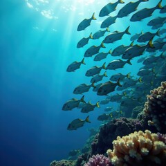Fototapeta premium School of fish swimming in ocean blue background, fish, marine life