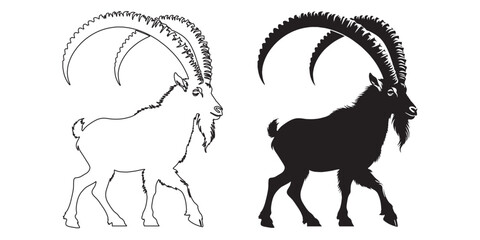Minimalistic ibex outline – vector illustration ideal for logos, stickers, and branding – ibex silhouette – ibex vector – ibex illustration – ibex outline – ibex icon – ibex line art

