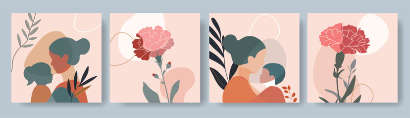 Obraz premium Set of vector mother's day card designs featuring abstract mother with children and carnations.