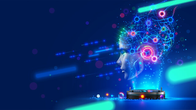 Artificial intelligence. AI head with neural network brain hanging over virtual digital podium. Wise female face in cyberspace. Machine learning. Mind of cyborg or robot in vr reality. Future concept