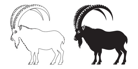 Ibex vector illustration – clean line art perfect for adventure, hiking, and travel themes – ibex silhouette – ibex vector – ibex illustration – ibex outline – ibex icon – ibex line art

