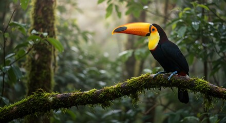 Brightly colored toucan perched on a mossy branch in a dense tropical rainforest during the early morning light Generative AI