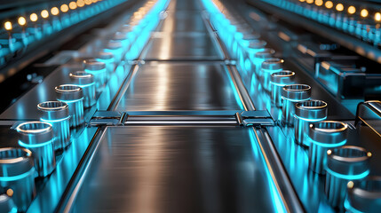 Obraz premium A futuristic metallic pathway illuminated with blue lights, showcasing a sleek design and modern construction.