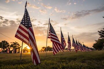 Obraz premium American Flags at Sunrise A Remembrance of Patriotism and Sacrifice