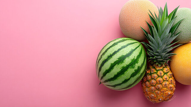 vibrant arrangement of mixed fruits including watermelon, pineapple, and cantaloupes on pink background creates fresh and colorful display