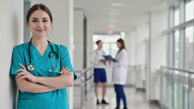 Video portrait of a female nurse or doctor, in the background you can see another doctor talking to a patient in the corridor of the hospital. stethoscope, studen, 4k, hd, resolution, surgeon, uniform