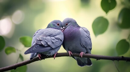 Obraz premium Two pigeons perched together on a branch displaying affection and care