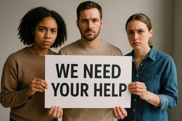 Three people holding "We need your help" sign, looking serious and concerned