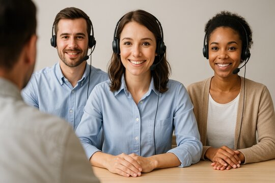 Customer service team with headsets smiling and ready to assist