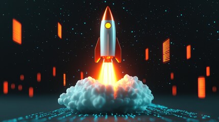 Fototapeta premium 3D rocket blasting off with clouds of data intense focus exhilarating mood dramatic lighting side angle view outer space