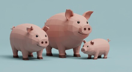 Three Pink Low Poly Pigs On Light Blue Background